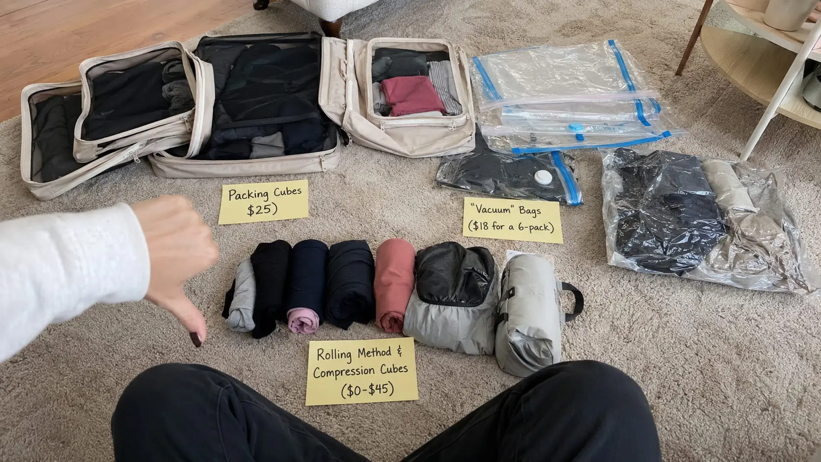Testing packing cubes, vacuum bags, and compression products